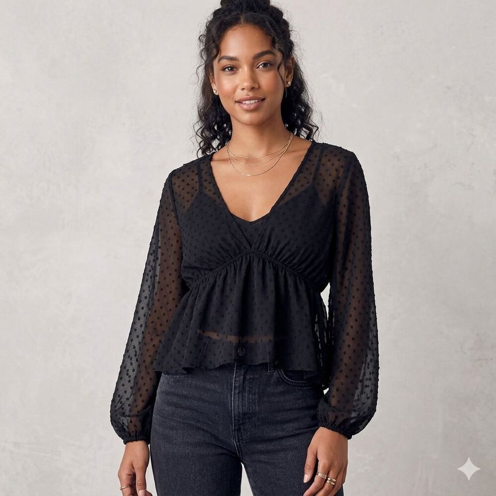 Lulus Women's S Black Swiss Sheer Polka Dot Long Sleeve V-Neck Peplum‎ Blouse M